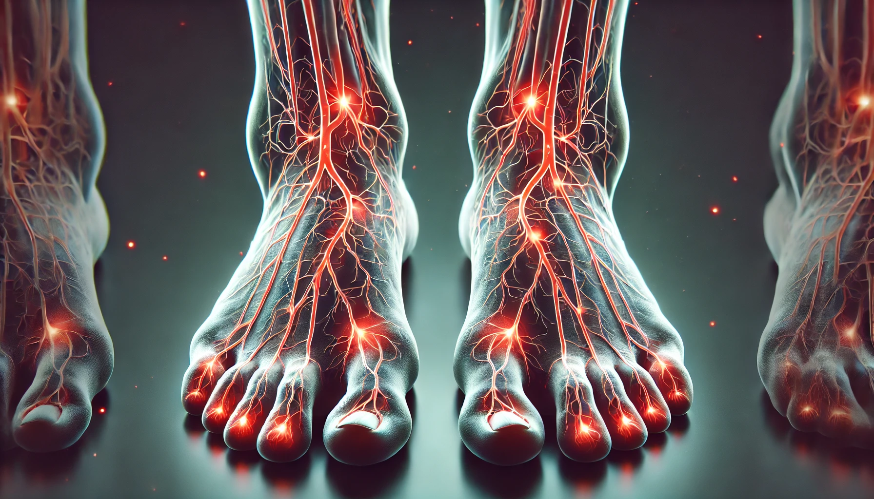 DALL·E 2025-02-28 23.21.47 – A detailed medical illustration of a pair of human feet with veins highlighted to illustrate neuropathy pain. The veins should be glowing red to indic