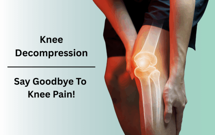 Knee decompression treatment illustration showing highlighted knee joint and pain relief message